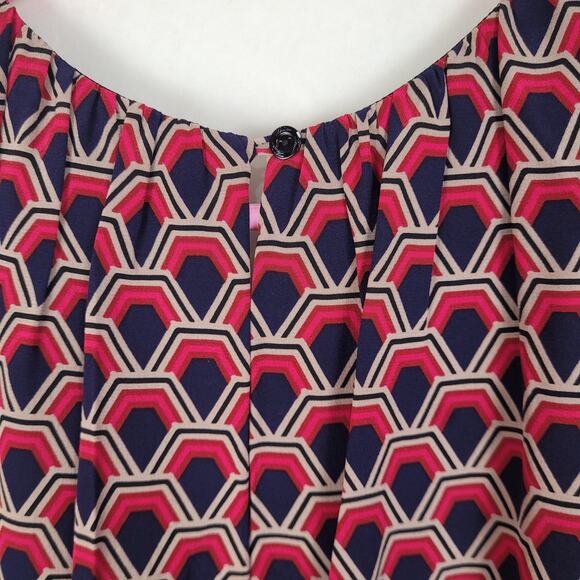 Trina Turk 100% silk blue geometric print elastic bubble hem blouse office retro - Picture 5 of 10